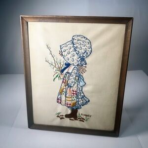 Vintage Antique Retro 1970s Holly Hobby Embroidered Art in Brown Frame